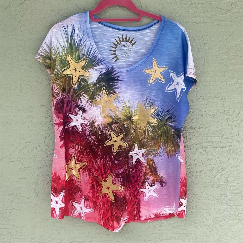 Sun Bay Multicolor Floral Tropical Patriotic Starfish Tee Size L